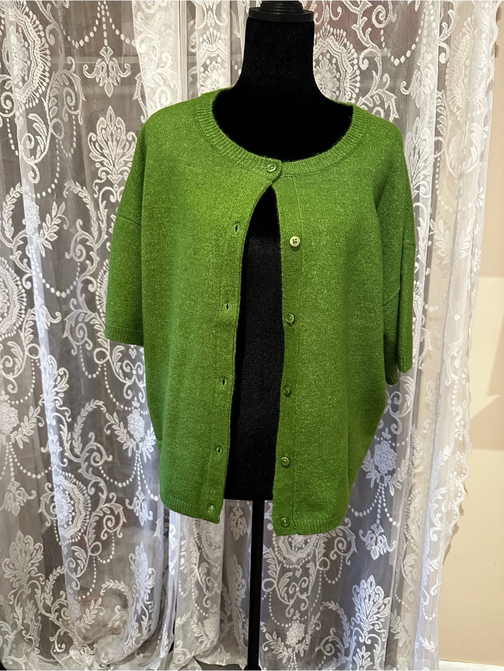 CeCe Green Short-Sleeve Button Cardigan Sweater